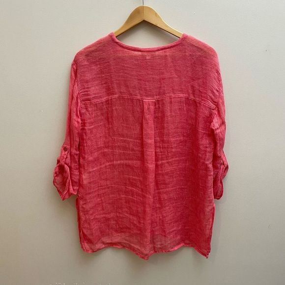 Eileen Fisher Linen Popover Top Womens Size Small Coral Pink Striped - Picture 9 of 12